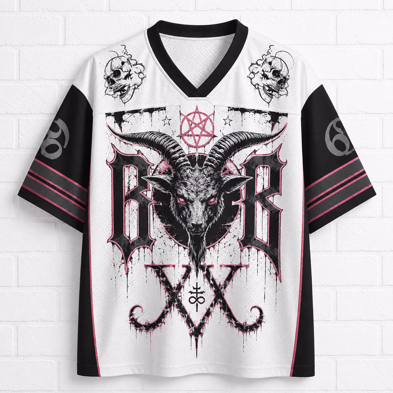 Dark Goat Gothic Football Jersey | Occult Ram Head Jersey Shirt | Alternative Gothic Sports Tee | Pink & Black Goth Apparel