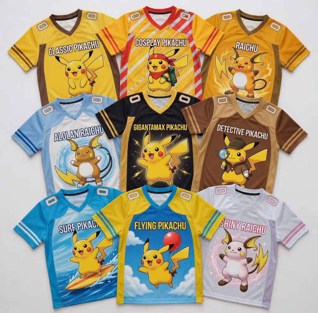 Custom PKM Electric Mouse Football Jersey, Anime Inspired Character Sports Shirt, Cute Cartoon Fan Jersey, Custom Graphic Team Tee