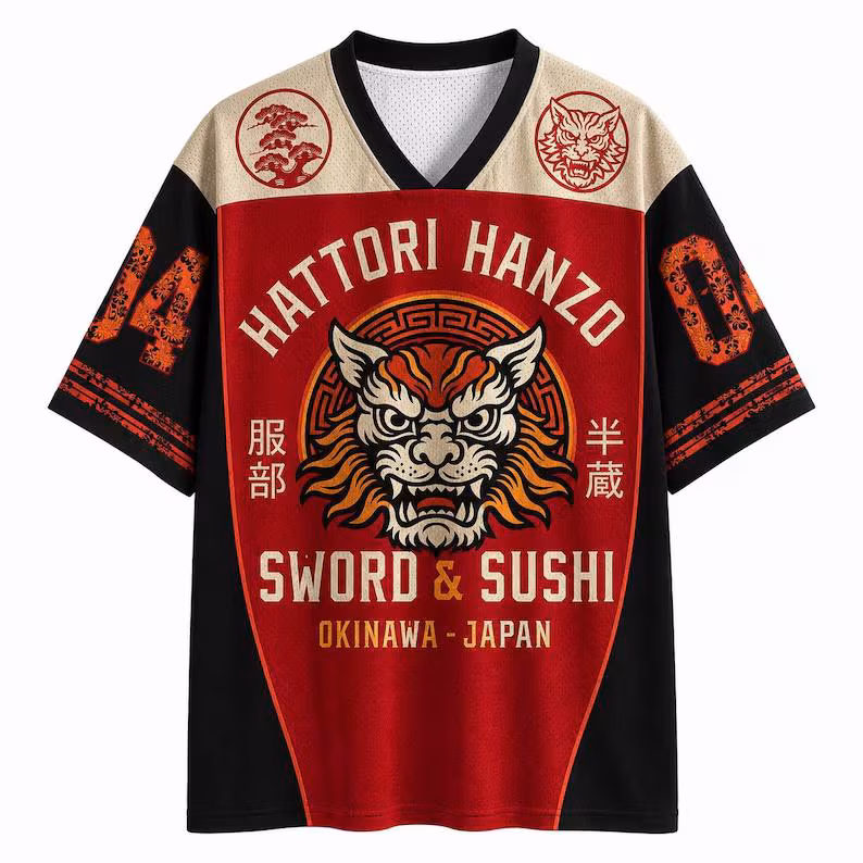 Hattori Hanzo Sword & Sushi Football Jersey | Japanese Samurai Tiger Sports Shirt | Okinawa Japan Graphic Jersey