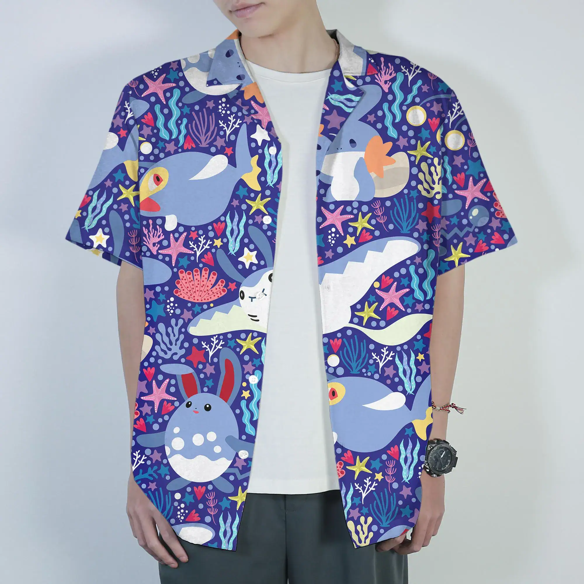 Mudkip Mantyke Hawaiian Shirt Tropical Ocean Button Up Shirt Cute Sea Life Summer Beach Outfit Matching Set Unisex Mudkip Shirt Gifts - Image 2