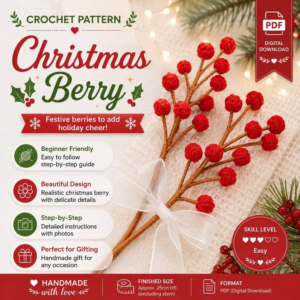 il_fullxfull.8138671352_rpks.jpg Christmas Berry Crochet Pattern PDF, Holiday Berry Branch, Winter Berry Stem, Christmas Bouquet Filler, Festive Decor Digital Download - Image 1