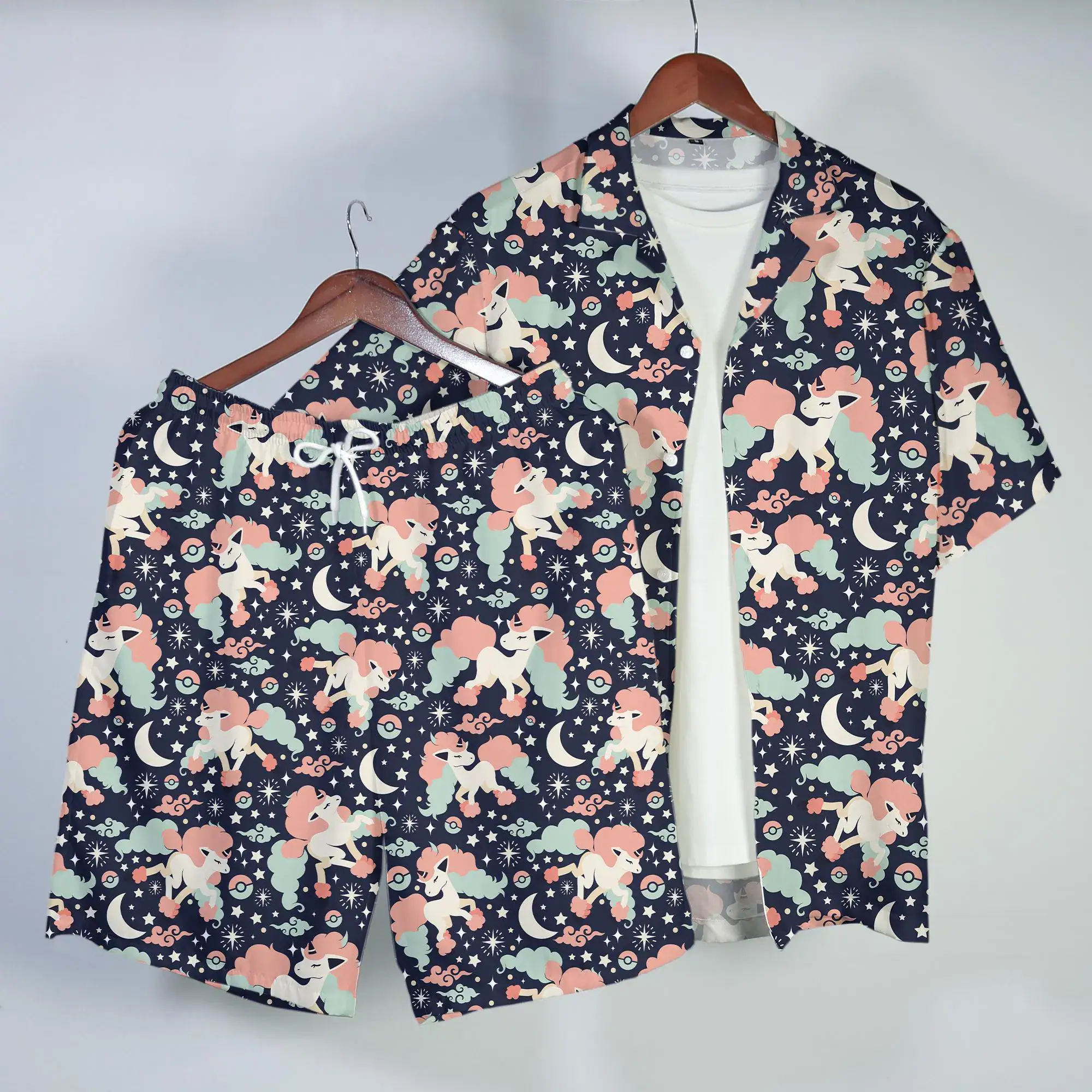 Galarian Ponyta Hawaiian Shirt Magical Unicorn Tropical Button Up Shirt Fantasy Summer Beach Outfit Matching Set Unisex Ponyta Shirt Gifts