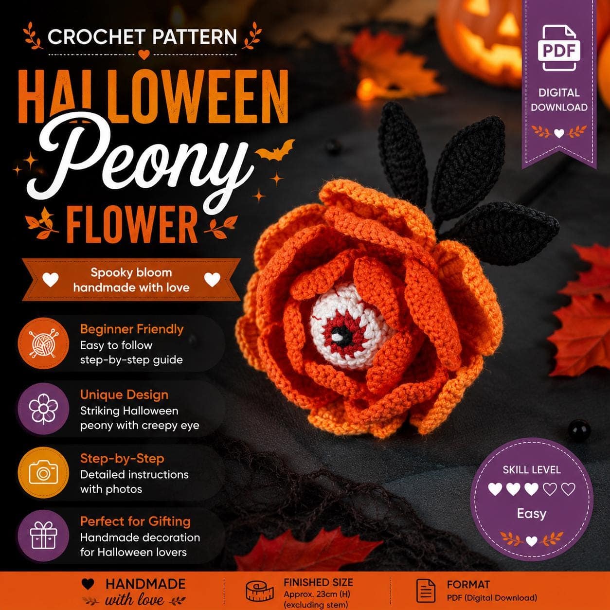 il_fullxfull.8143008840_3j14.jpg Halloween Peony Flower Crochet Pattern PDF, Gothic Eye Flower Crochet, Spooky Halloween Decor, Amigurumi Flower Pattern Digital Download - Image 1