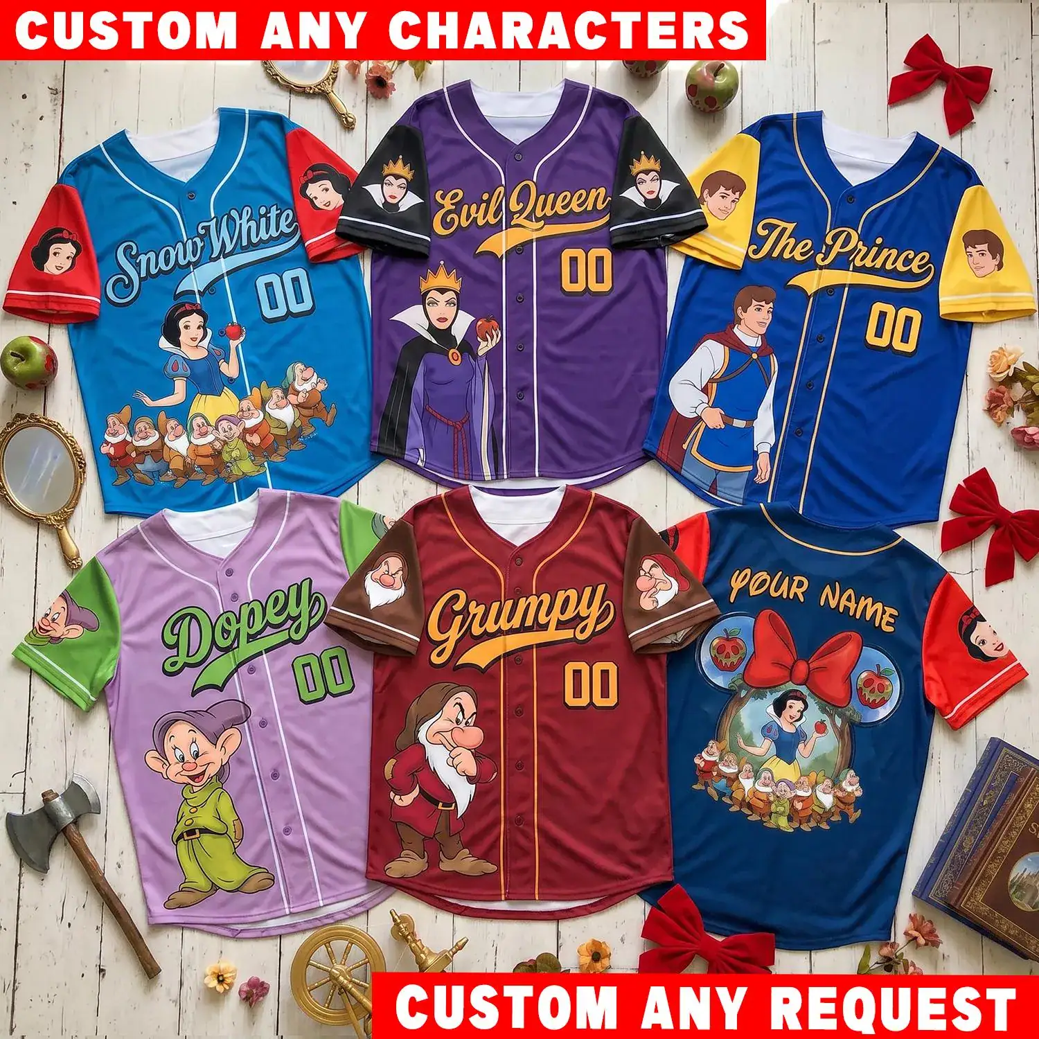 Snow White Baseball Jersey Custom Name, Snow White Evil Queen Prince Dwarfs Shirt, DN Family Vacation Birthday Gift