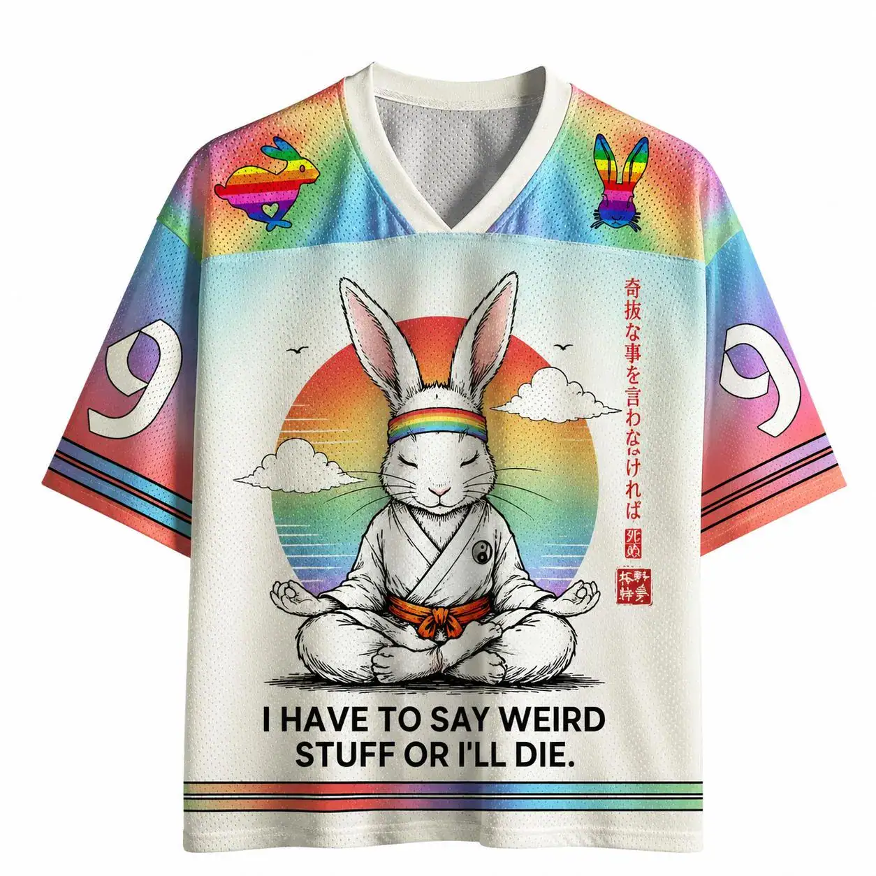 Zen Rainbow Bunny Jersey – Funny LGBTQ+ Meditation V-Neck Shirt
