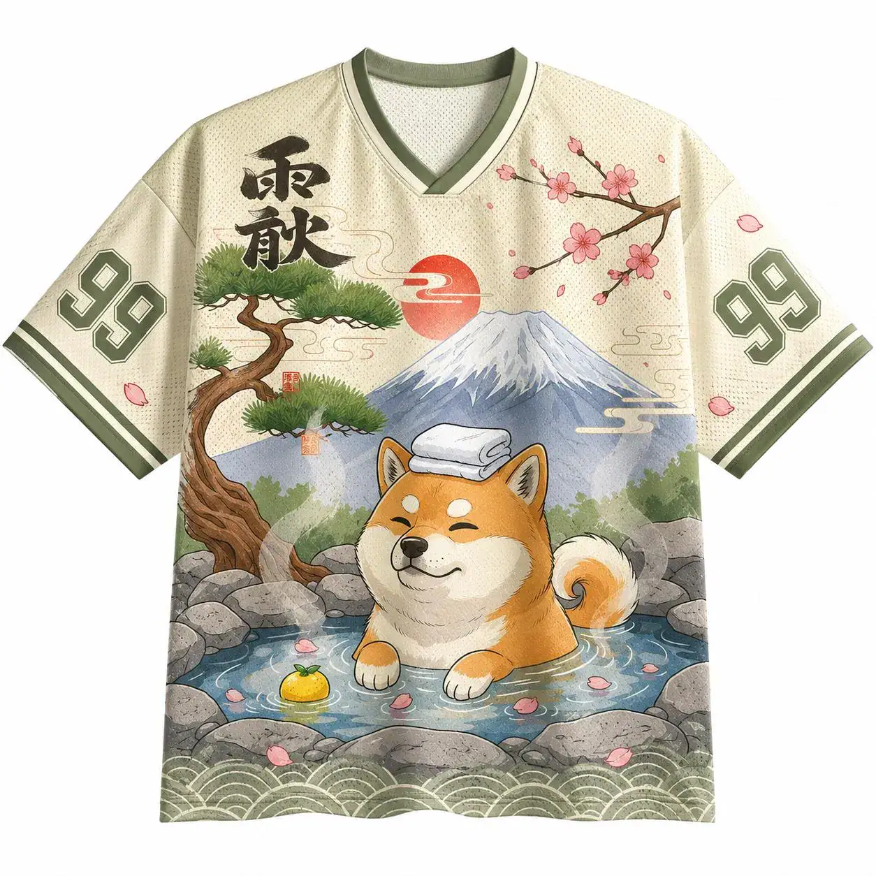 Shiba Onsen Mount Fuji Jersey – Japanese Hot Spring Dog V-Neck Shirt