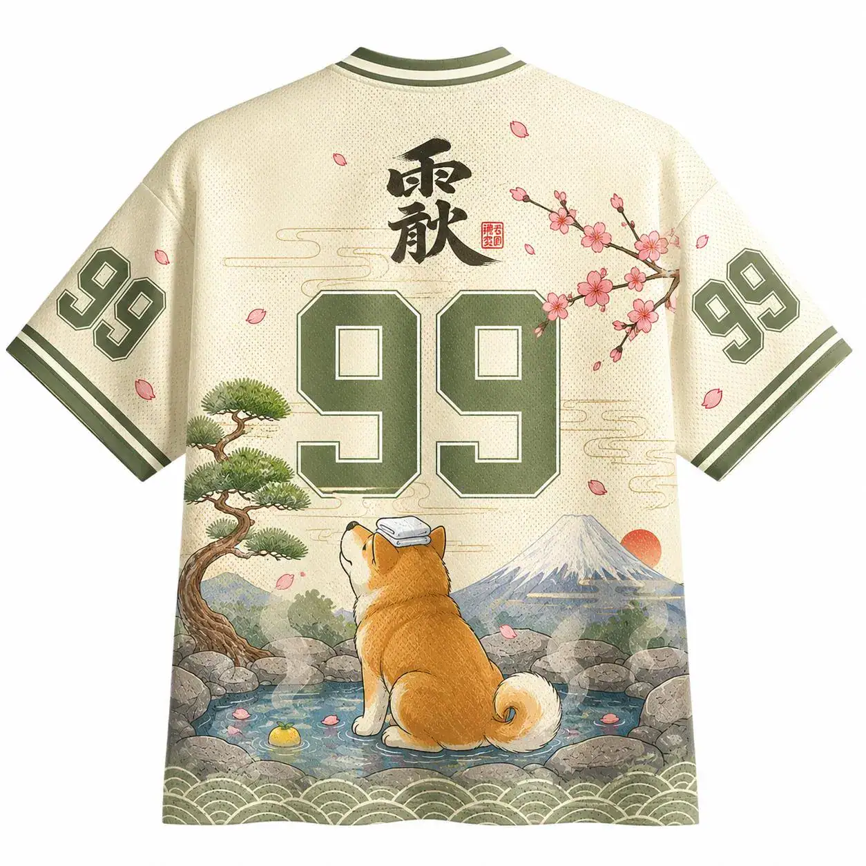Shiba Onsen Mount Fuji Jersey – Japanese Hot Spring Dog V-Neck Shirt - Image 2