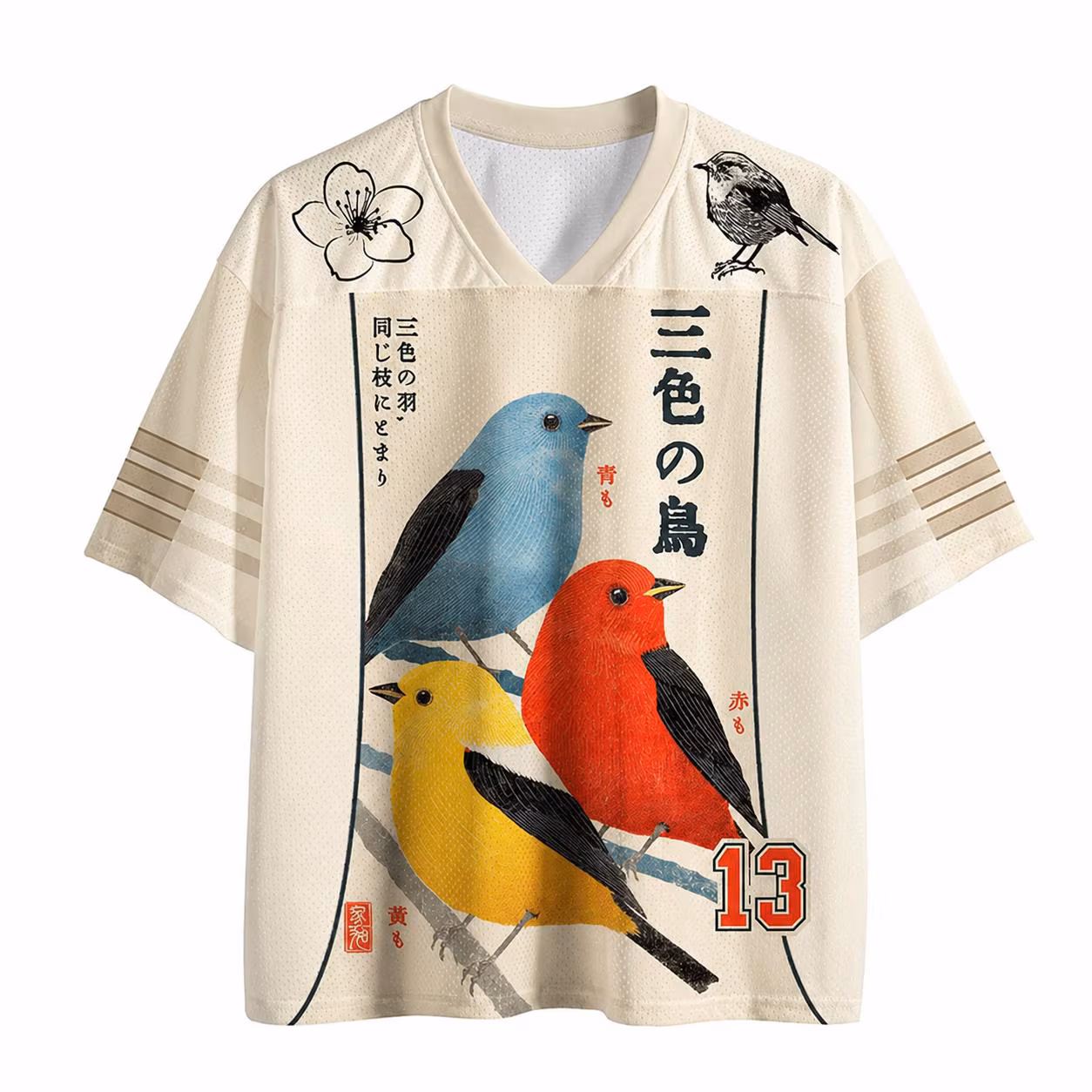 Vintage Japanese Bird Jersey Shirt, Colorful Songbird Graphic Sports Tee, Japanese Nature Art Oversized Jersey, Retro Anime Streetwear Top