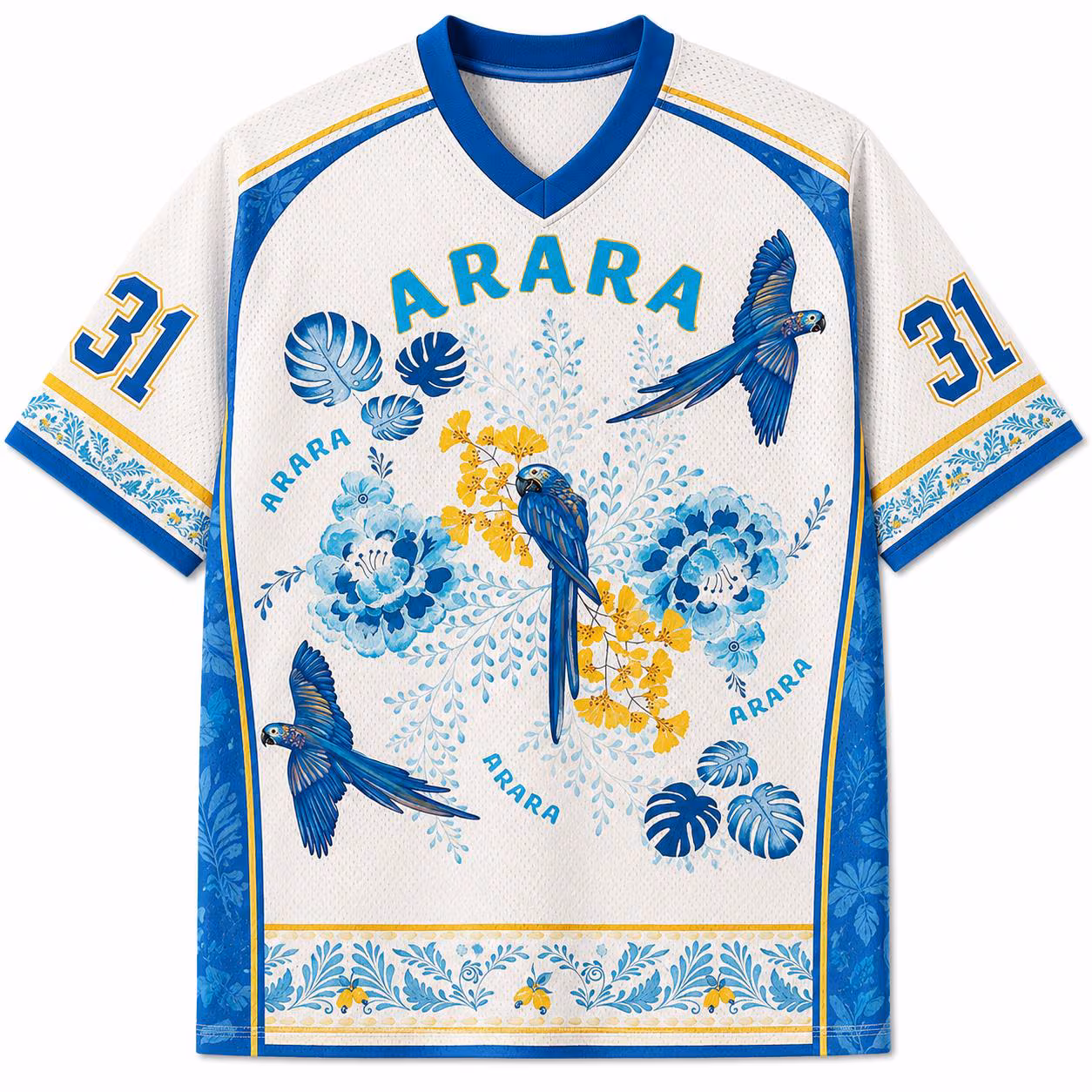 Blue Macaw Arara Jersey, Tropical Bird Sports Shirt, Floral Parrot Baseball Jersey, Brazilian Wildlife Athletic Tee