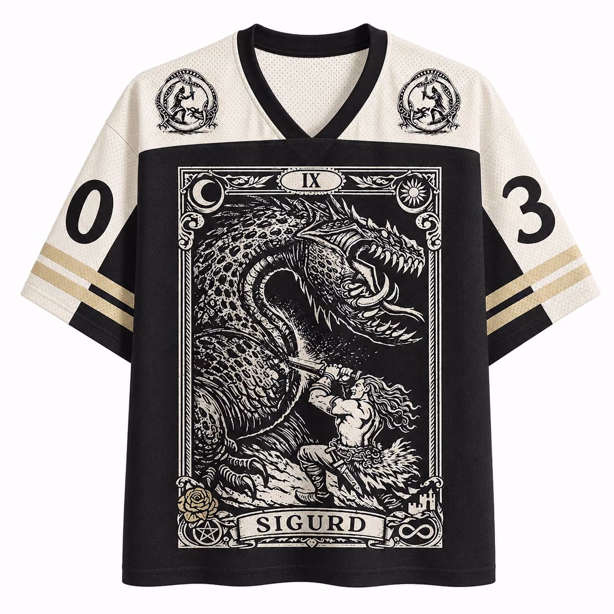 Sigurd Dragon Slayer Jersey Shirt, Norse Mythology Viking Football Tee, Fantasy Warrior Gothic Sports Jersey, Medieval Dragon Graphic Shirt