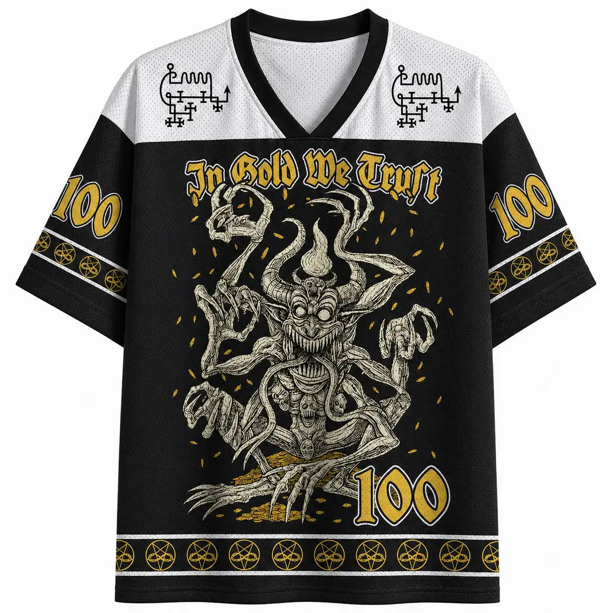 In Gold We Trust Demon Football Jersey, Dark Fantasy Gothic Sports Shirt, Occult Streetwear Tee, Horror Monster Athletic Jersey