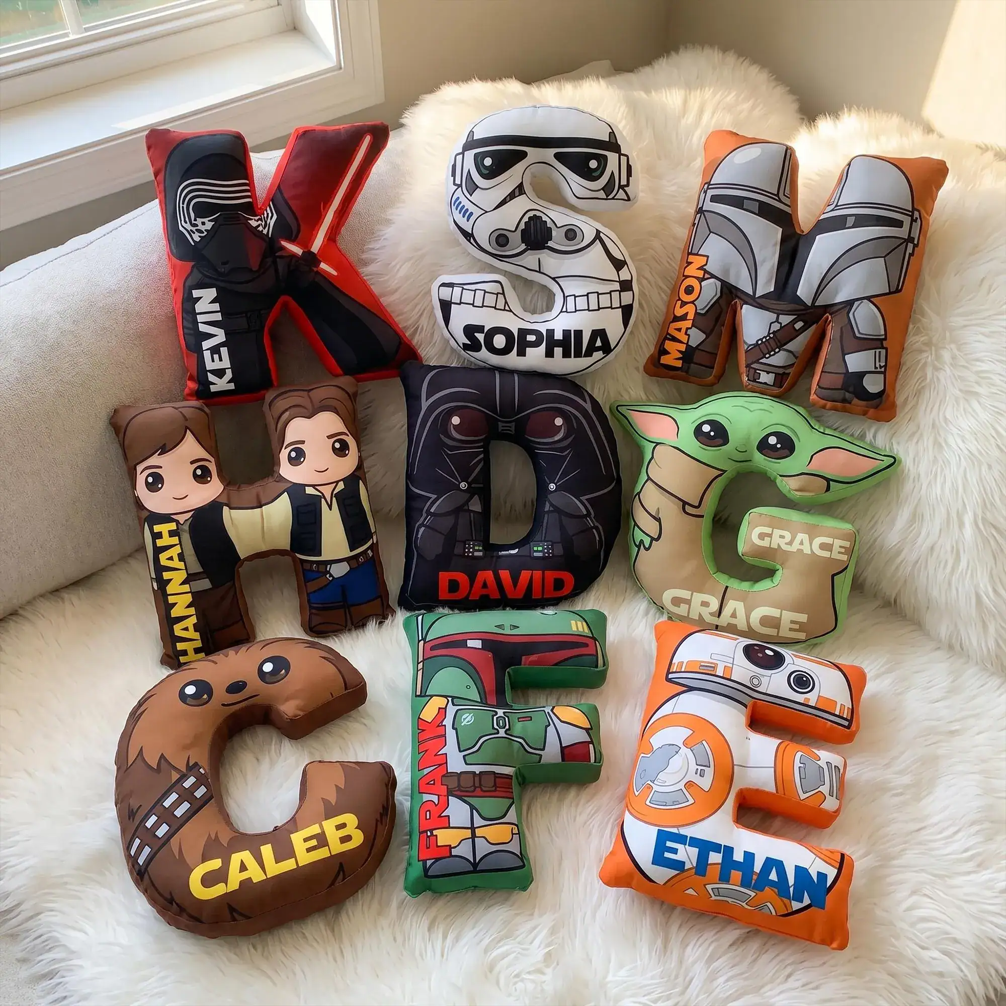 Personalized Star Wars Letter Pillow, Custom Grogu Darth Vader Mandalorian Stormtrooper Alphabet Pillow, Name Gift Kids Room Decor