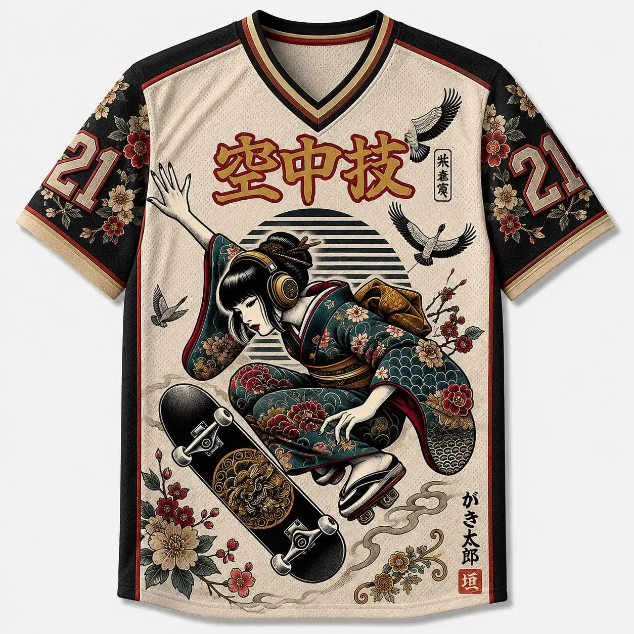 Japanese Geisha Skateboard Jersey Shirt, Floral Streetwear Mesh Jersey, Vintage Anime-Inspired Unisex Sports Tee, Urban Sakura Apparel