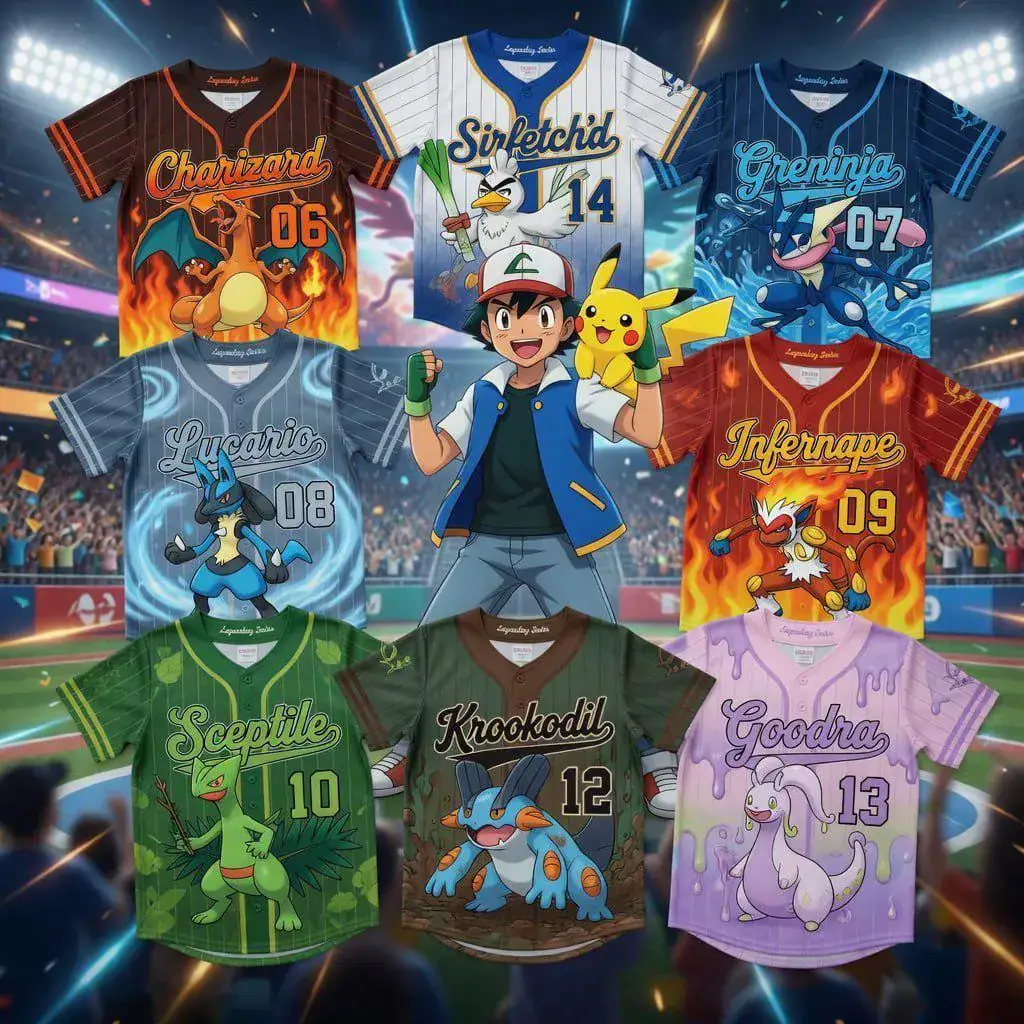 Anime PKM Baseball Jersey, Game Inspired Button Down Shirt, Kids Youth Sports Jersey, Custom Gamer Birthday Gift