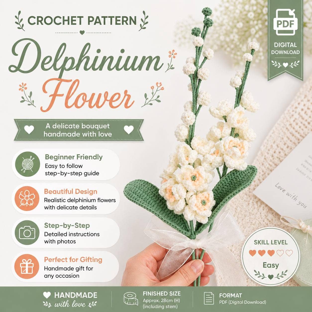 il_fullxfull.8165607340_4r09.jpg Delphinium Flower Crochet Pattern PDF, Realistic Crochet Flower Bouquet, Crochet Flower Pattern, Floral Home Decor, DIY Gift Digital Download - Image 1