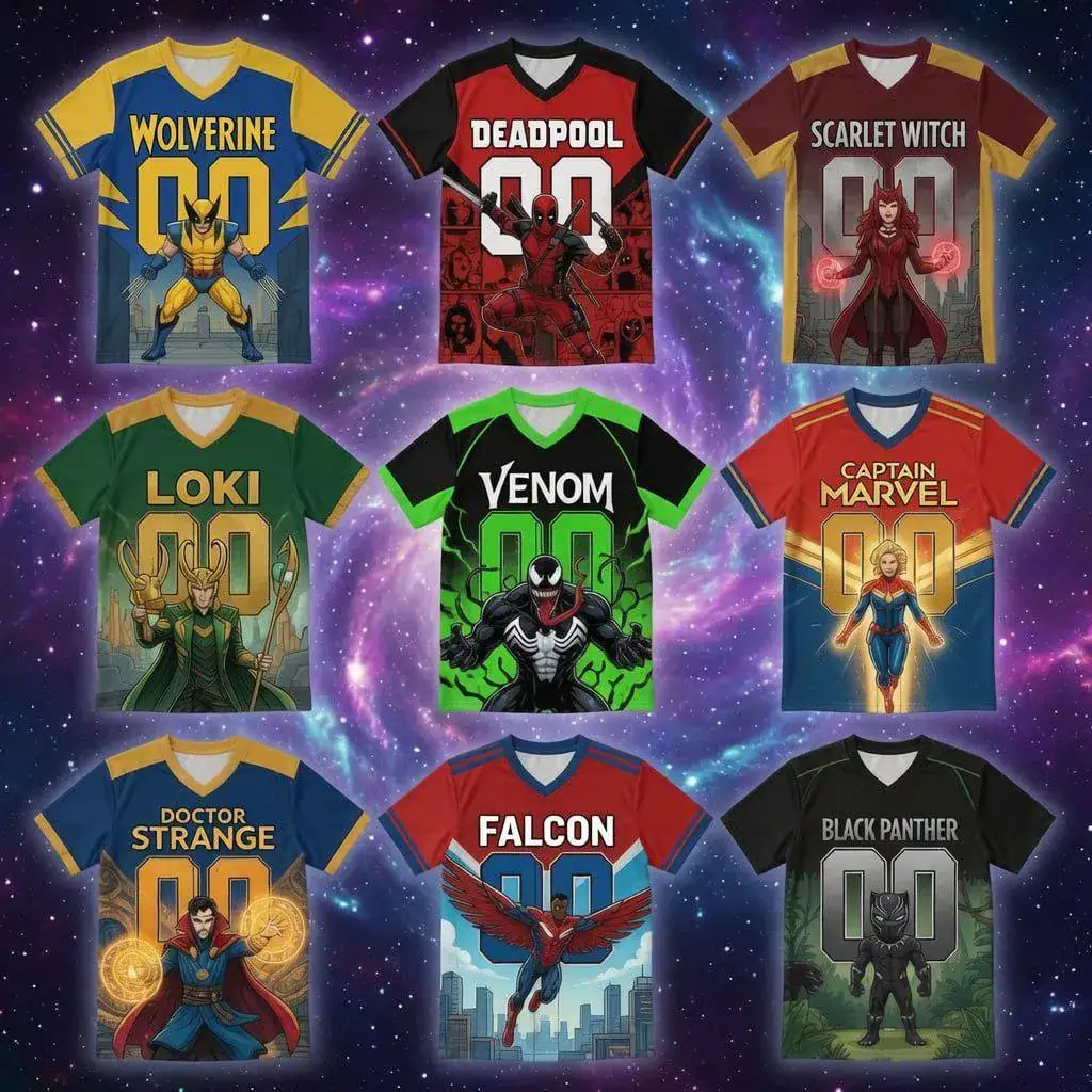Custom Comic Hero V Neck Jersey Shirt, Personalized Name Number Tee, Kids Youth Adult Superhero Sports Fan Gift