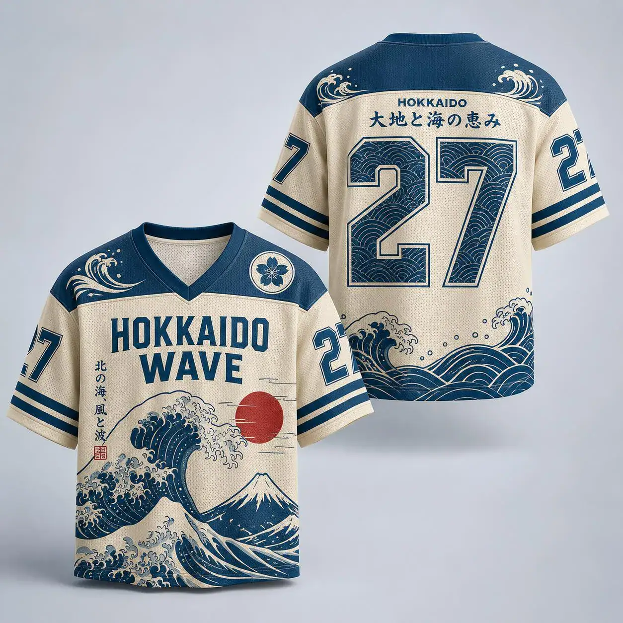 Hokkaido Wave Baseball Jersey, Great Wave Graphic Sport Shirt, Japanese Art Streetwear, Custom Number 27 Top, Aesthetic Jersey