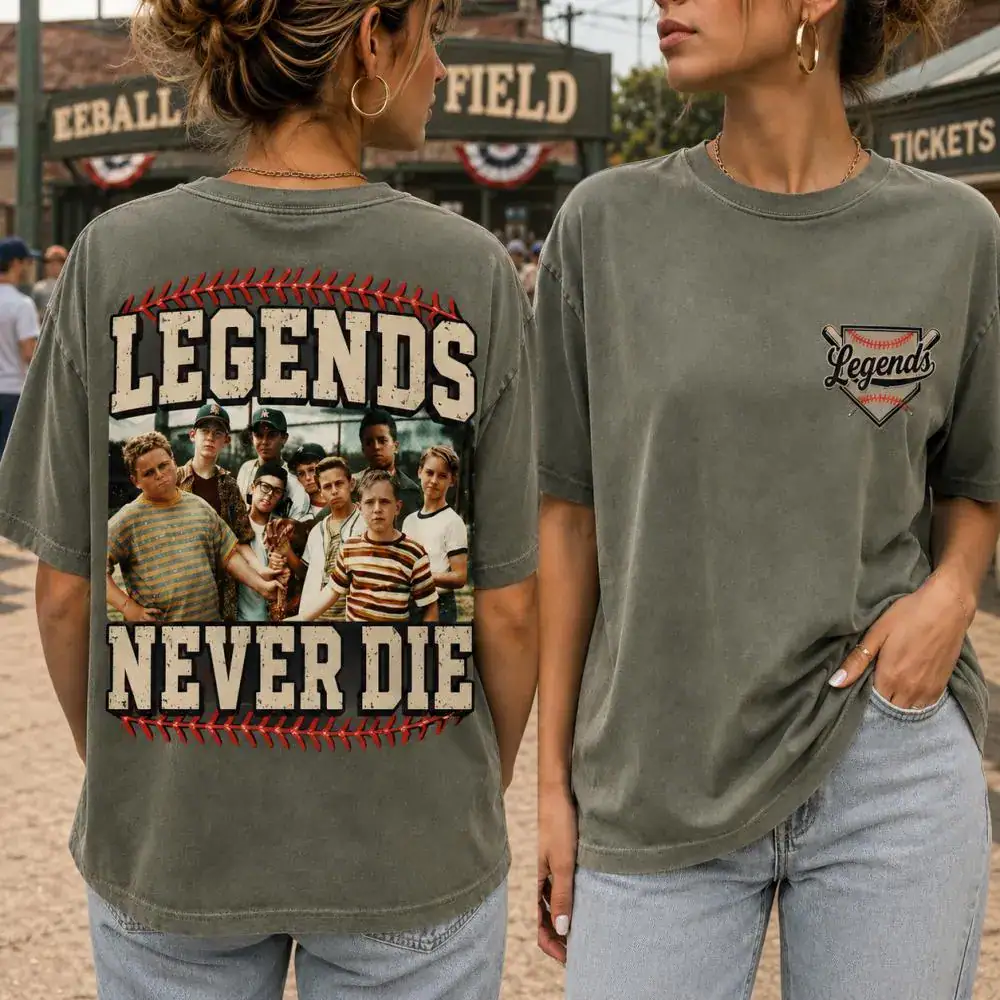 2-sided Legends Never Die Baseball Shirt, Vintage The Sandlot Shirt, Retro Baseball 90s Tee, Baseball Team Shirt, Sandlot Baseball Movie Tee