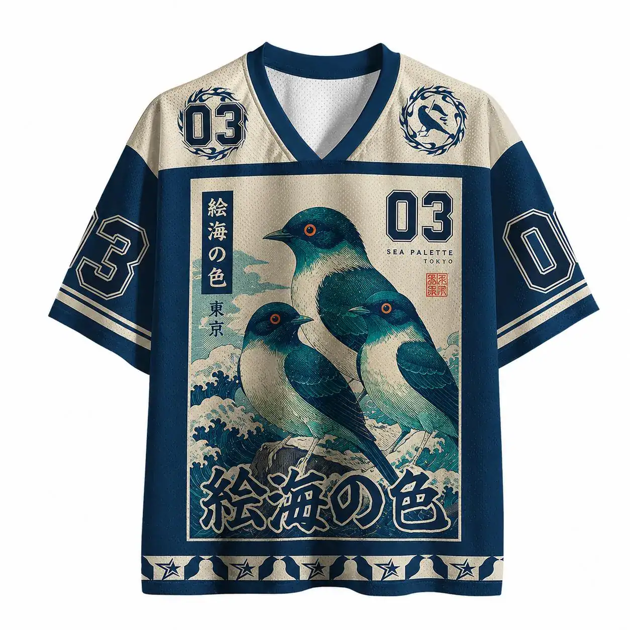 Sea Palette Birds Baseball Jersey – Japanese Ocean Art Jersey, Coastal Bird Lover Shirt, Vintage Nature Sports Jersey
