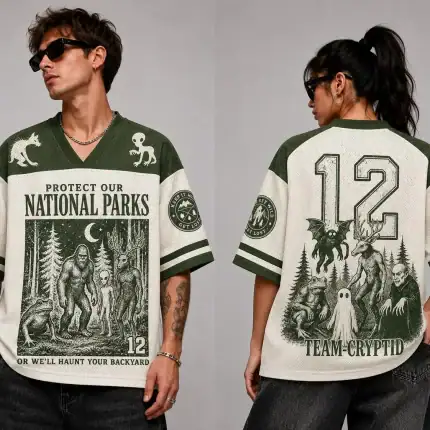 Team Cryptid Baseball Jersey, National Parks Monster Shirt, Bigfoot Mothman Graphic Tee, Camping Gift - Image 3