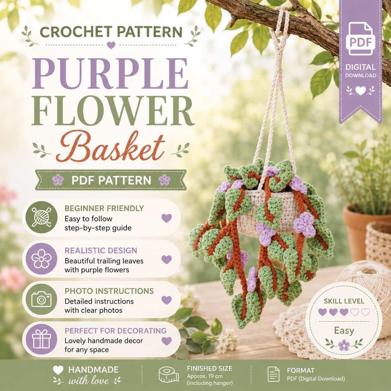 il_fullxfull.8177494288_58xy.jpg Purple Flower Hanging Basket Crochet Pattern PDF, Trailing Plant Pattern, Amigurumi Hanging Planter, Floral Home Decor Digital Download - Image 1