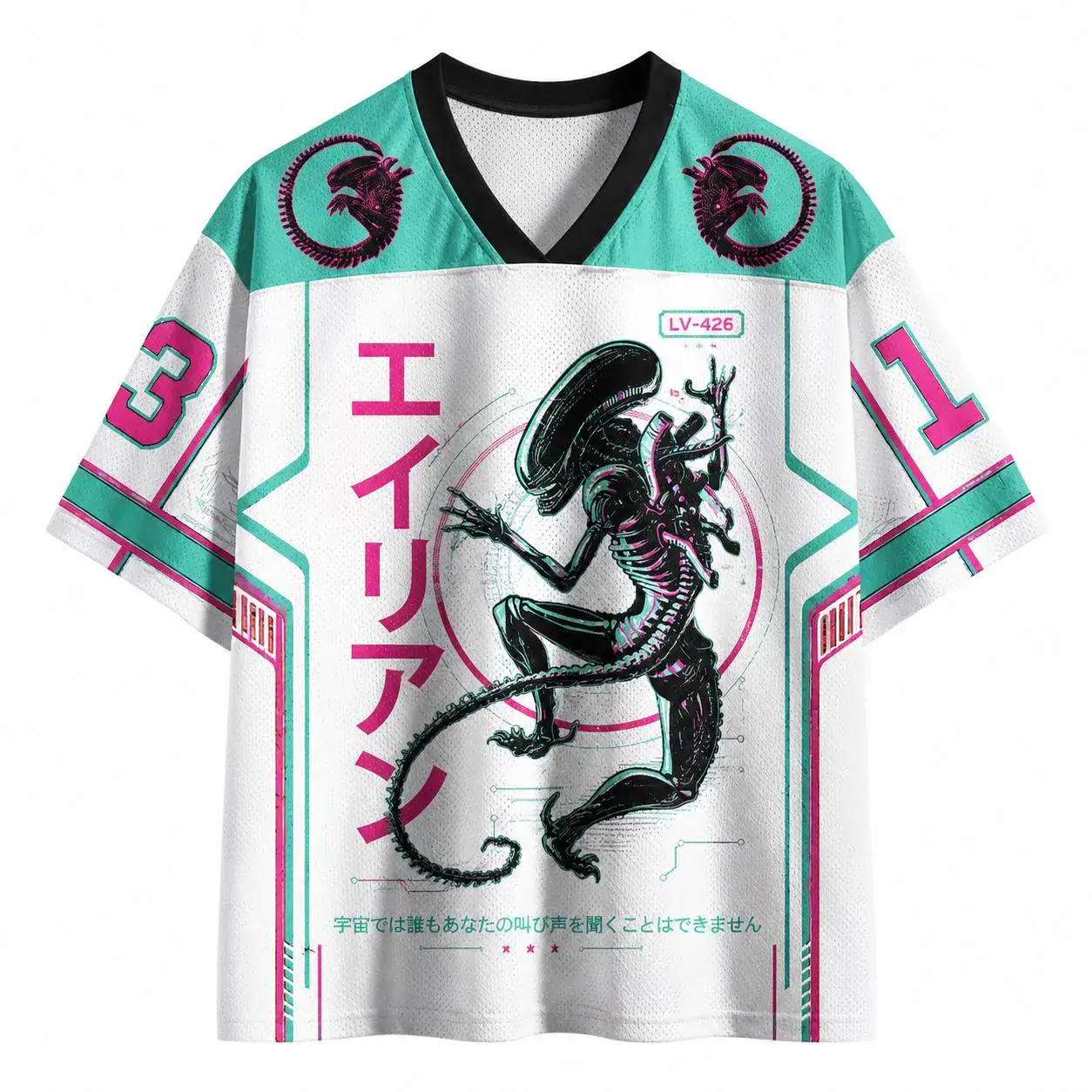 Retro Space Monster Football Jersey | Neon Sci-Fi Creature Jersey Shirt | Cyberpunk Alien Sports Tee