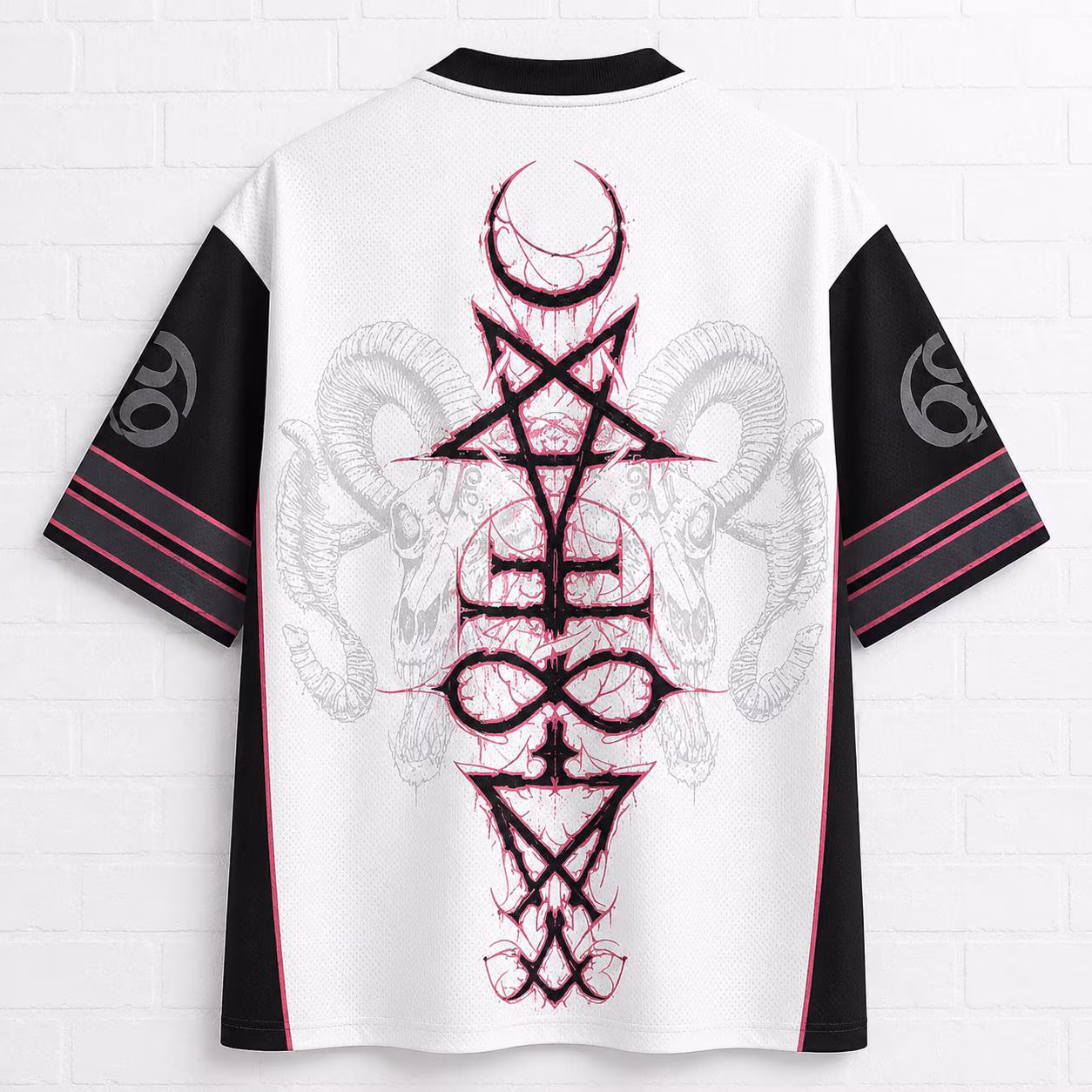 Dark Goat Gothic Football Jersey | Occult Ram Head Jersey Shirt | Alternative Gothic Sports Tee | Pink & Black Goth Apparel - Image 2