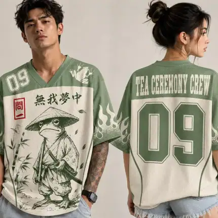 Samurai Frog Baseball Jersey, Japanese Tea Ceremony Graphic Shirt, Anime Style Apparel - Image 3