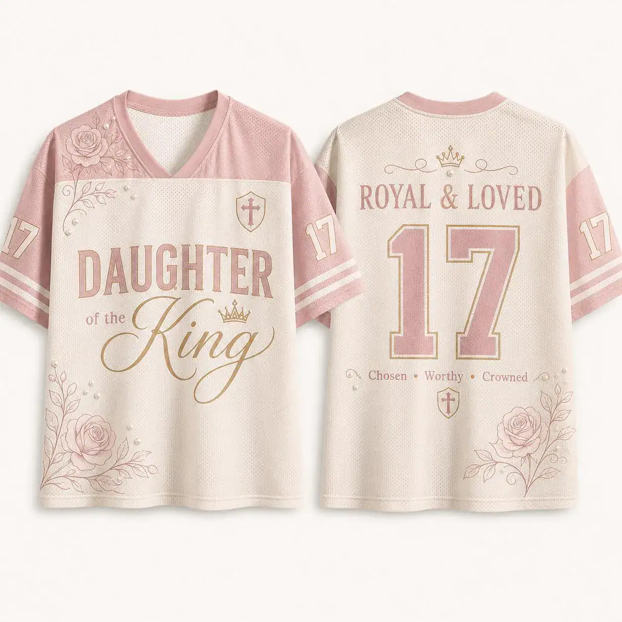 Daughter Of The King Jersey, Pink Floral Mesh Football Shirt, Aesthetic Christian Apparel, Royal Loved Religious Gift For Her