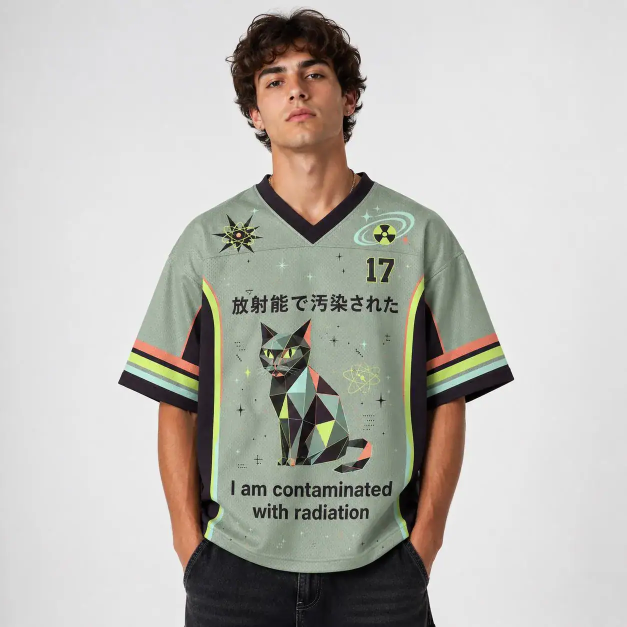 Cyberpunk Cat Jersey, Radioactive Streetwear Shirt, Geometric Anime Mesh Apparel, Sci-Fi Graphic Tee, Unique Techwear Gift For Her - Image 4