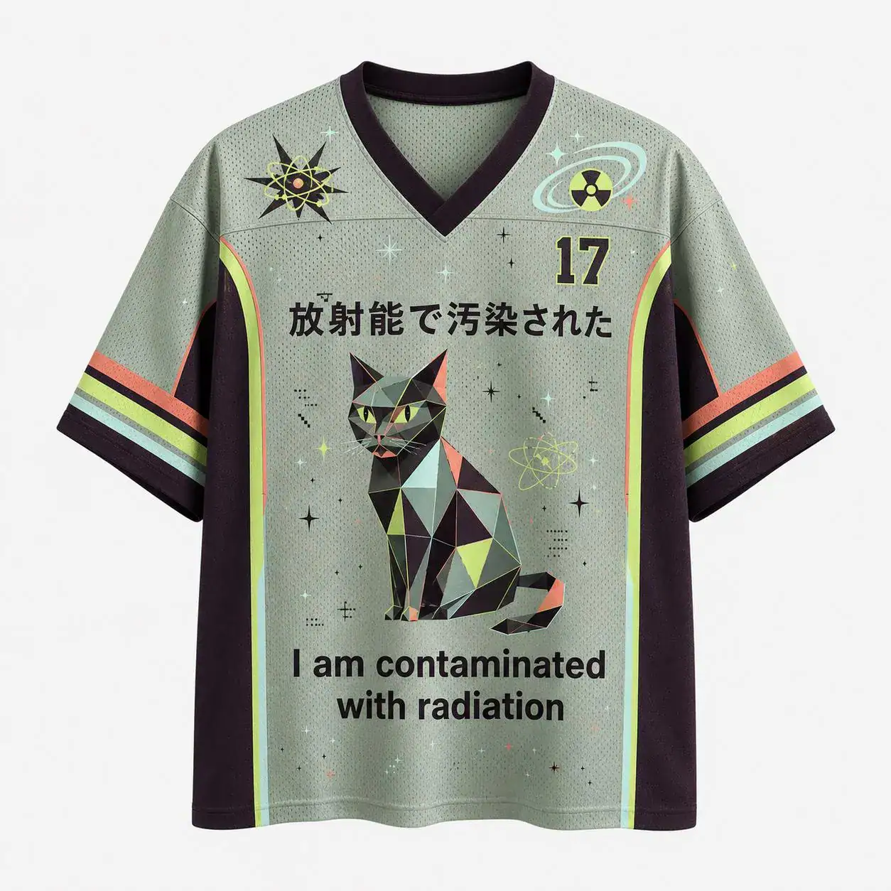 Cyberpunk Cat Jersey, Radioactive Streetwear Shirt, Geometric Anime Mesh Apparel, Sci-Fi Graphic Tee, Unique Techwear Gift For Her
