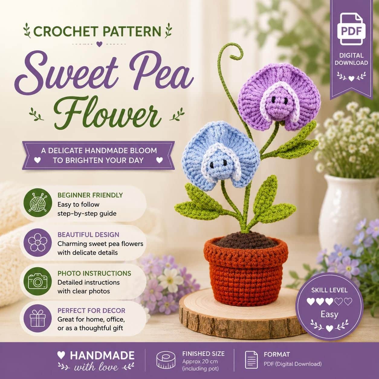 il_fullxfull.8181582332_ka88.jpg Sweet Pea Flower Crochet Pattern PDF, Potted Sweet Pea Crochet Pattern, Amigurumi Flower Pot Pattern, Floral Home Decor Digital Download - Image 1