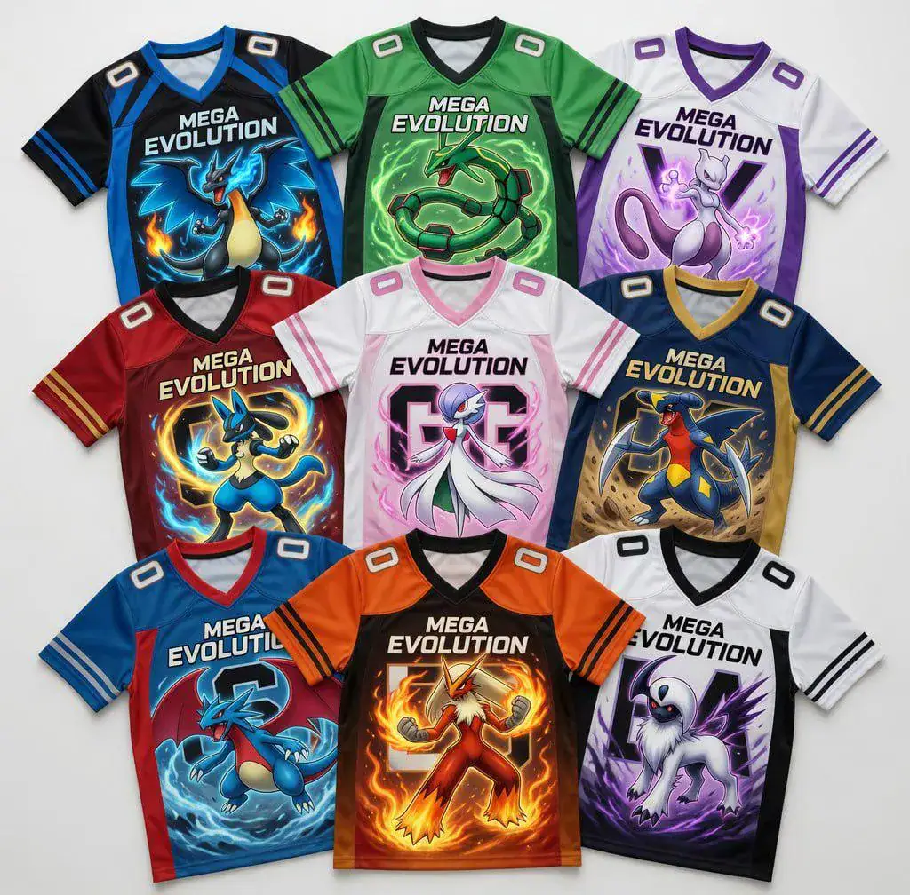 Custom PKM Mega Evolution Anime Football Jersey, Monster Character Sports Shirt, Gamer Fan Jersey, Custom Graphic Team Tee