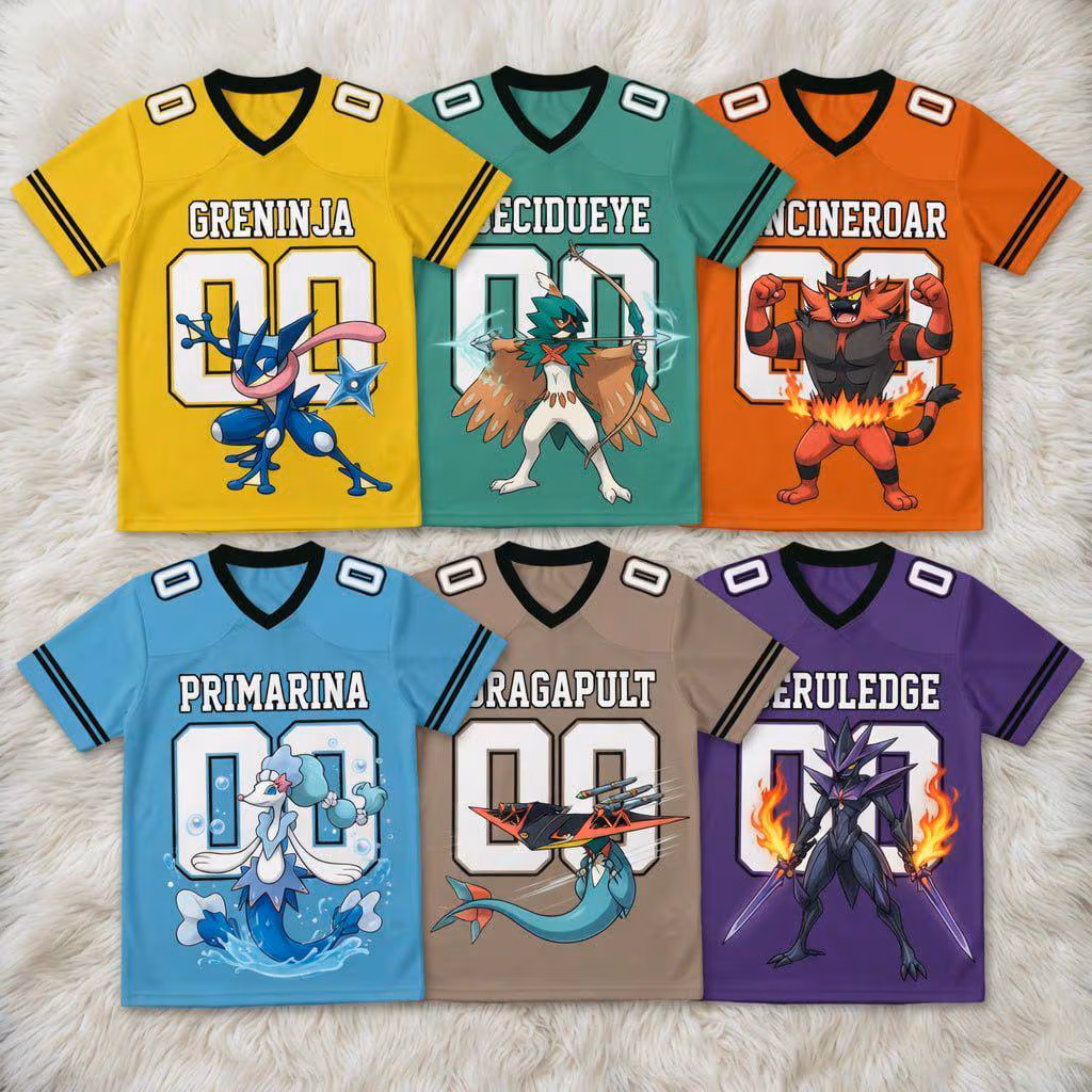 Custom PKM Anime Monster Football Jersey, Game Character Sports Shirt, Custom Graphic Team Tee, Cute Gamer Fan Jersey