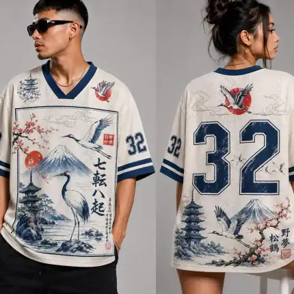 Japanese Crane Mount Fuji Baseball Jersey, Sakura Art Sports Shirt - Image 3