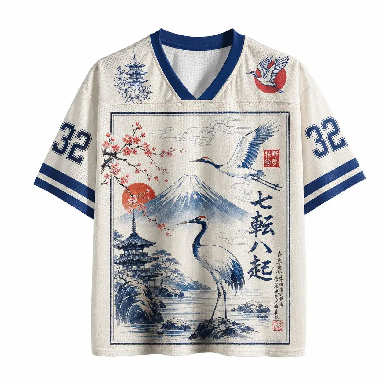 Japanese Crane Mount Fuji Baseball Jersey, Sakura Art Sports Shirt