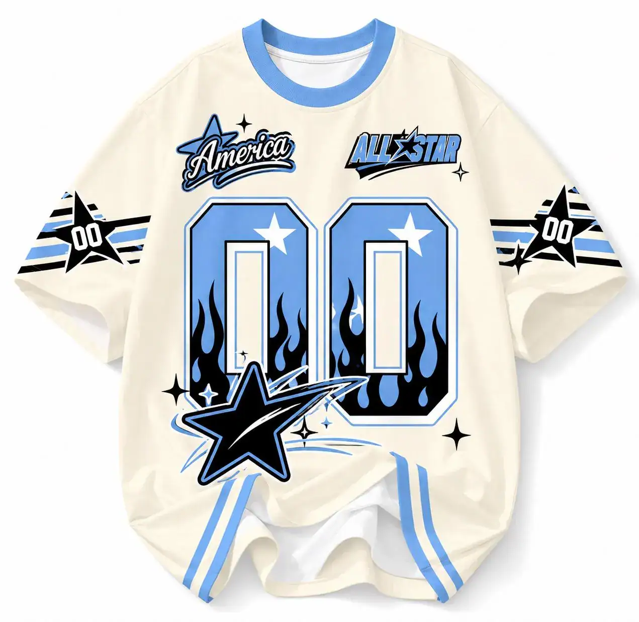 America All Star Graphic Jersey, Blue Flame Varsity Oversized Y2K Streetwear Tee