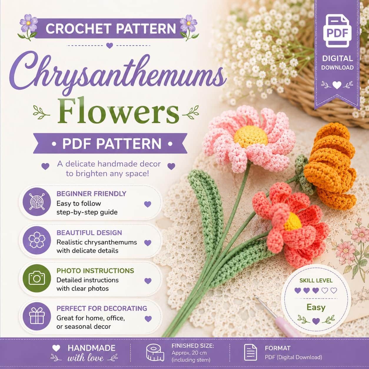 il_fullxfull.8184785074_3bvg.jpg Chrysanthemum Flower Crochet Pattern PDF, Realistic Crochet Flower Pattern, Floral Bouquet Crochet, DIY Bouquet, Floral Home Decor Digital Download - Image 1