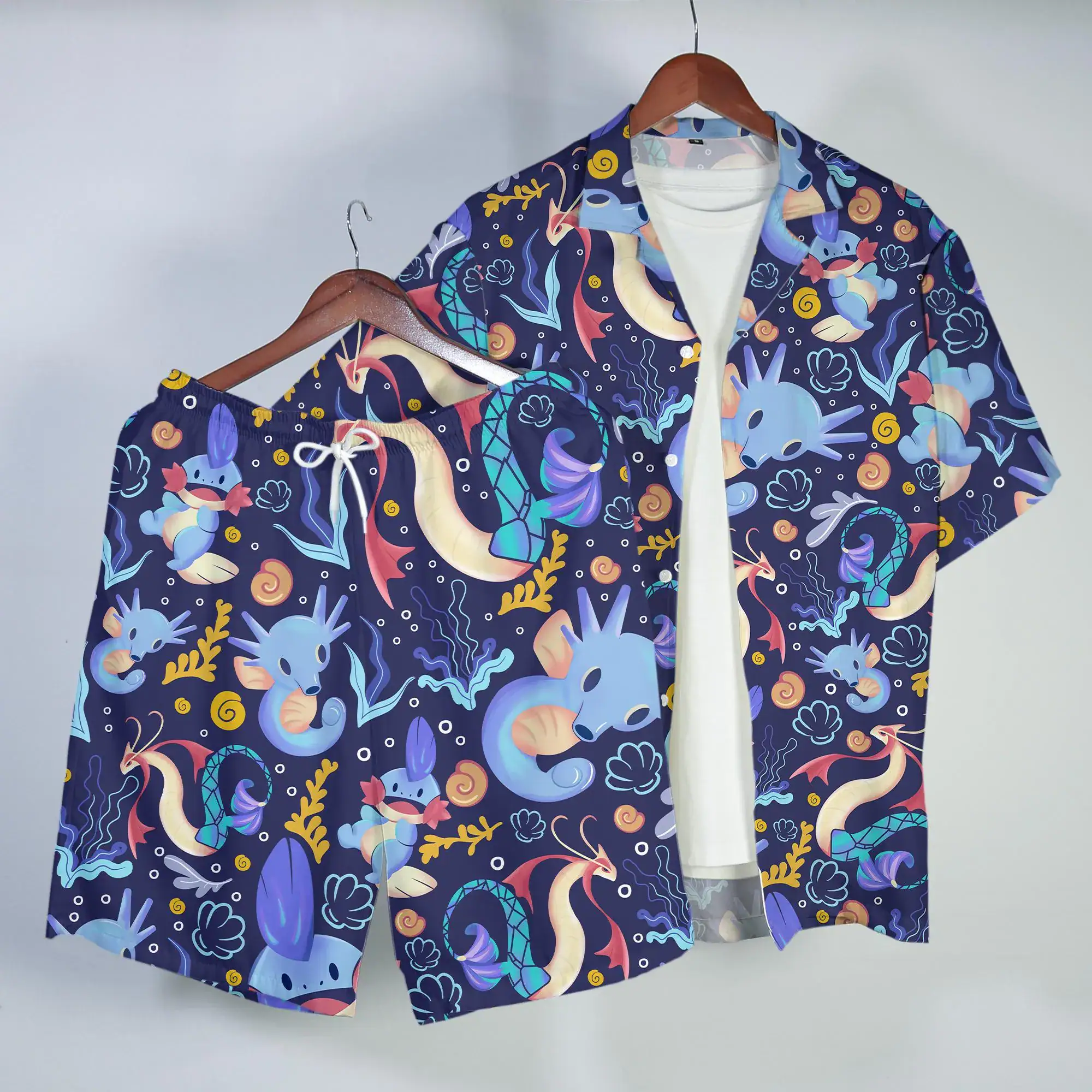 Mudkip Horsea Hawaiian Shirt Tropical Ocean Button Up Shirt Cute Sea Creature Summer Beach Outfit Matching Set Unisex Mudkip Shirt Gifts