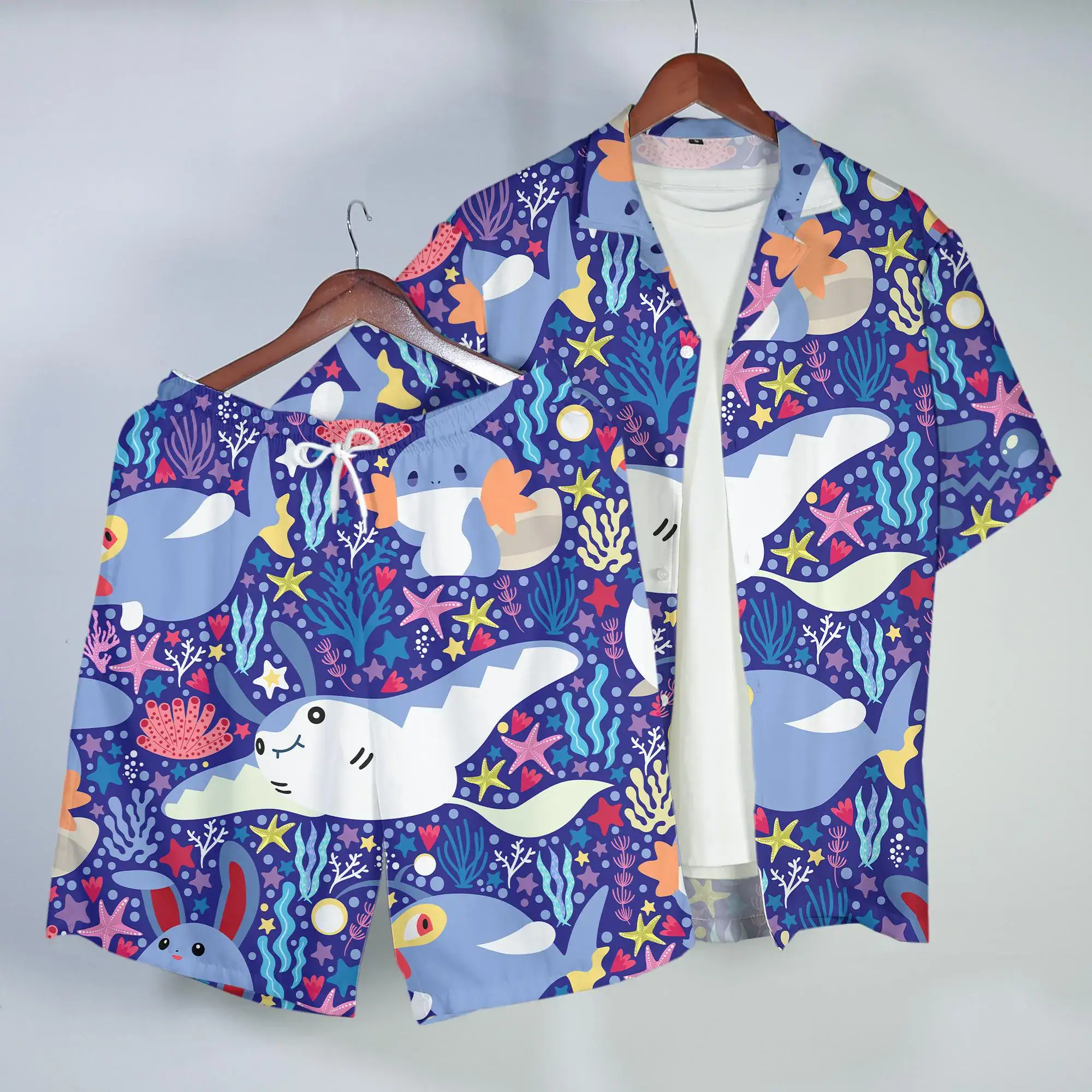 Mudkip Mantyke Hawaiian Shirt Tropical Ocean Button Up Shirt Cute Sea Life Summer Beach Outfit Matching Set Unisex Mudkip Shirt Gifts