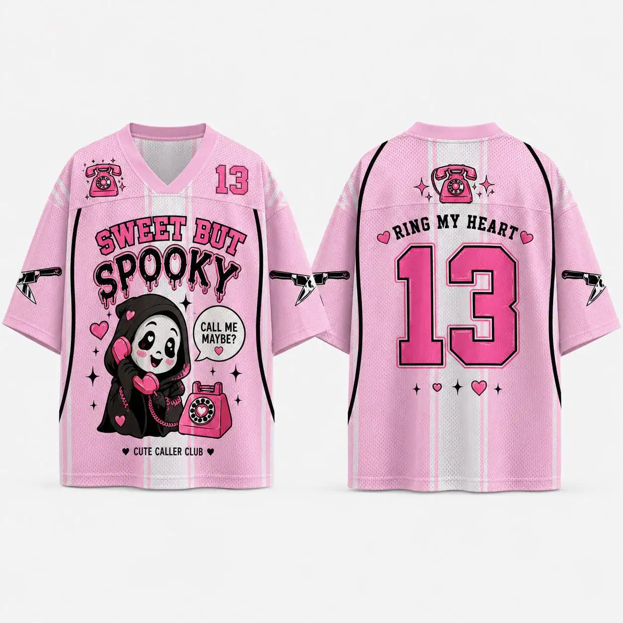 Sweet But Spooky Jersey Shirt, Cute Ghost Phone Sports Tee, Pink Gothic Gift