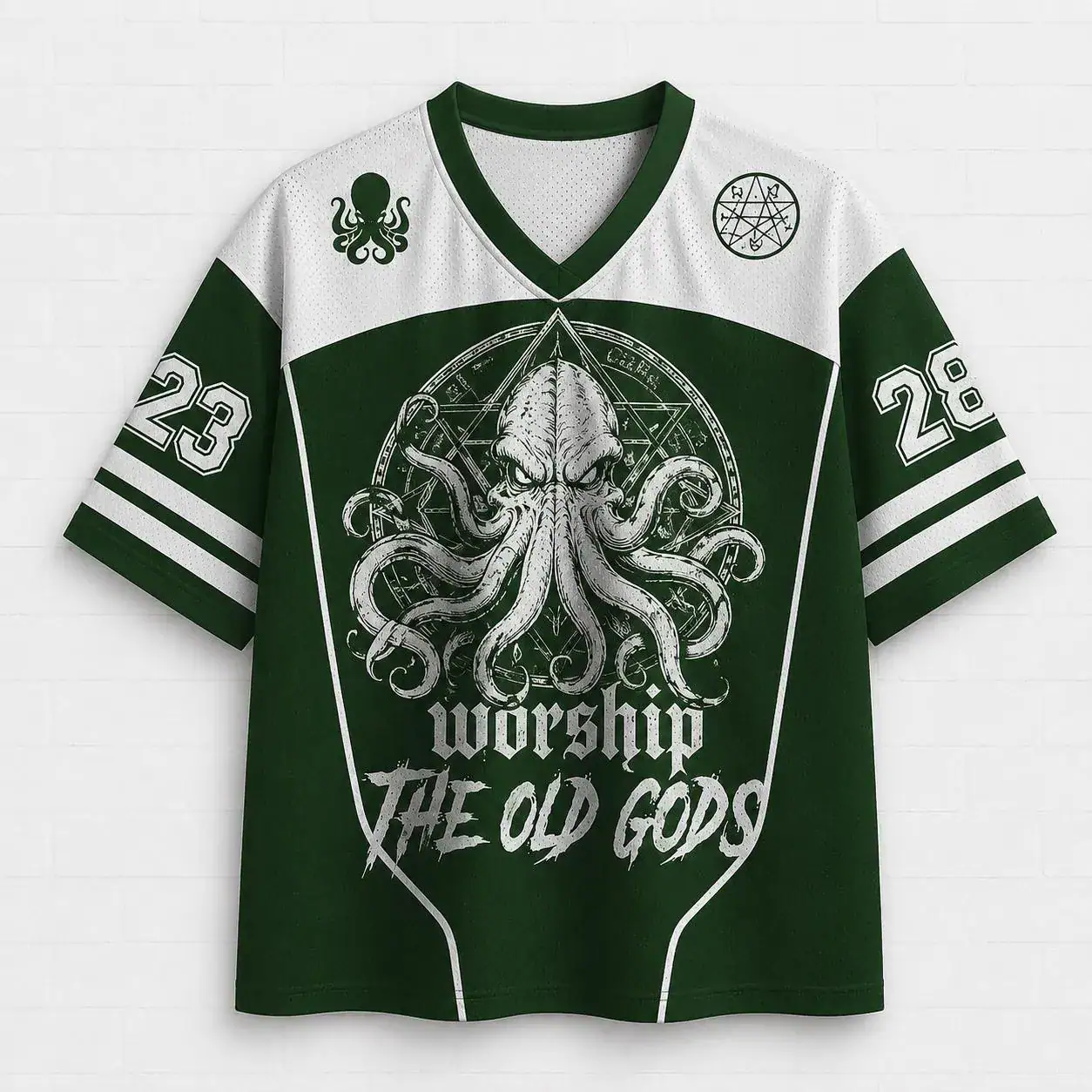 Cthulhu Hockey Jersey – Lovecraft Horror Oversized Sports Shirt, Green White Cosmic Mythology Athletic Jersey for Men & Women