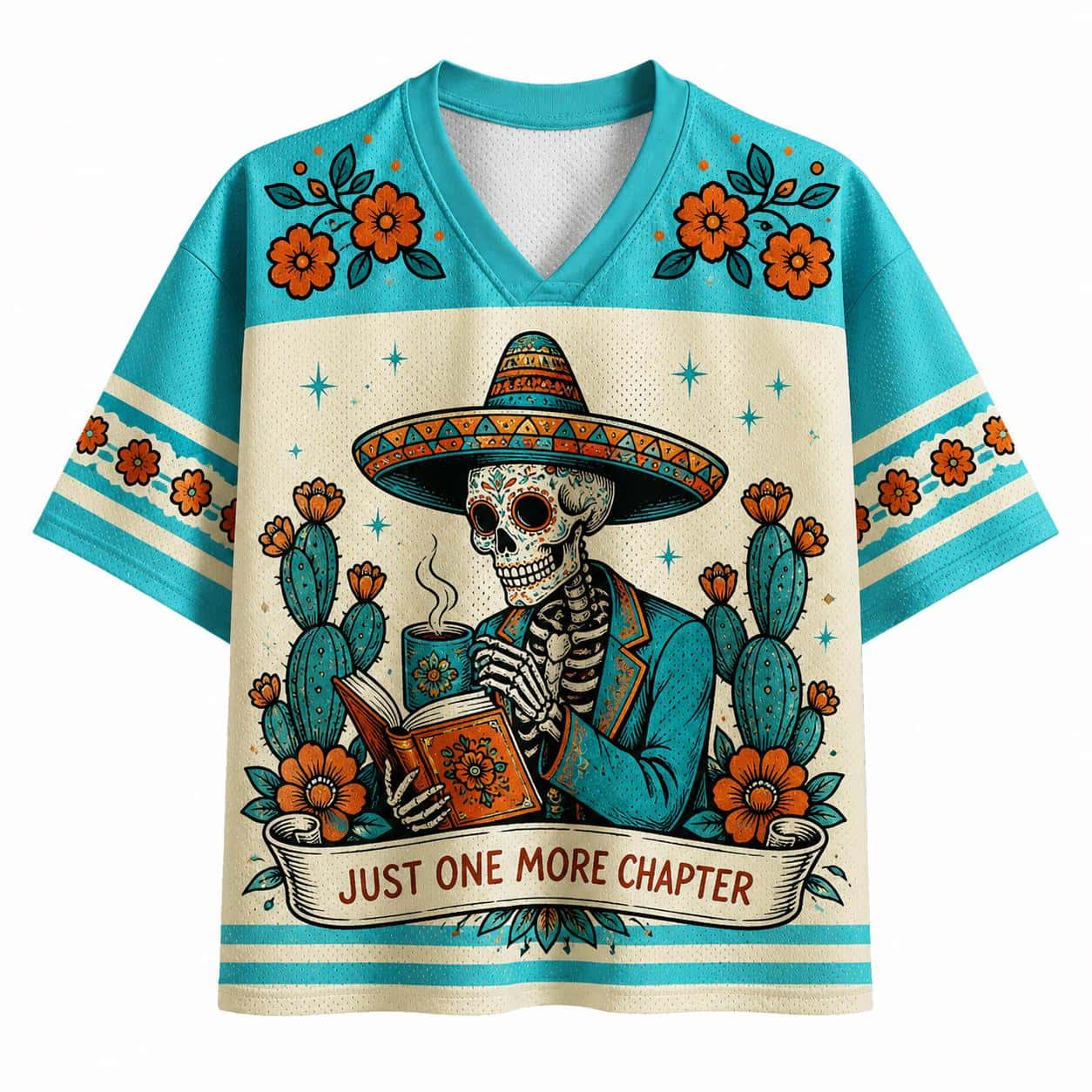 Just One More Chapter Skeleton Reader Jersey, Day of the Dead Book Lover Shirt, Sugar Skull Reading Jersey, Bookworm Gift
