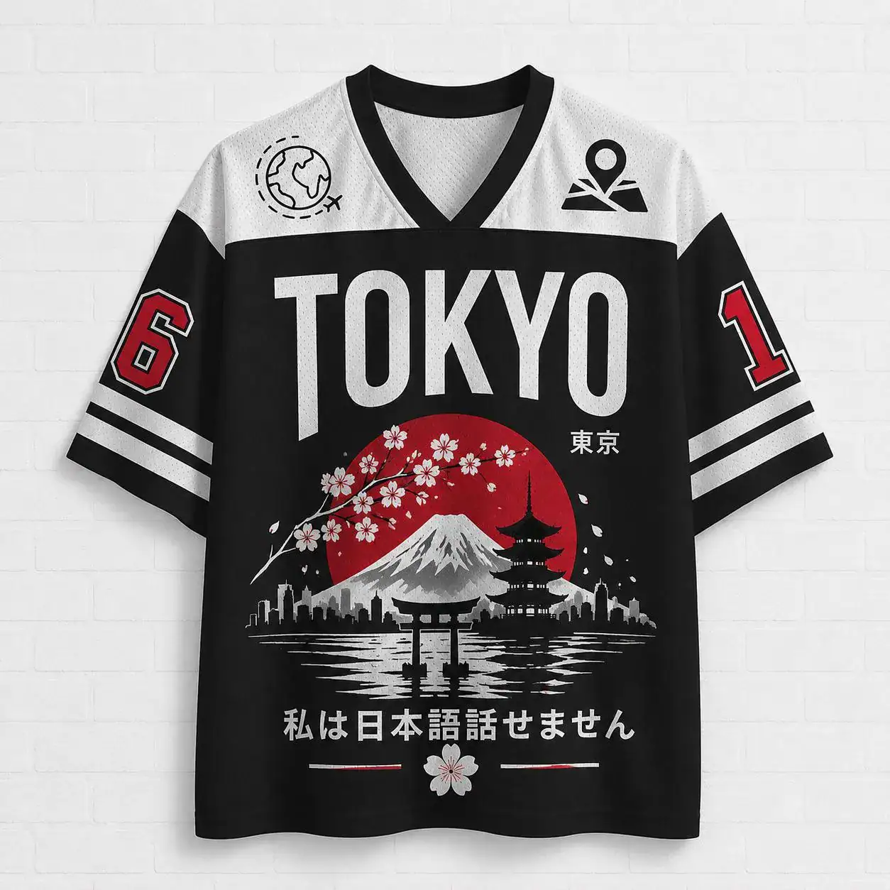 Tokyo Sakura Skyline Travel Jersey – Japanese Cityscape Graphic V-Neck Shirt
