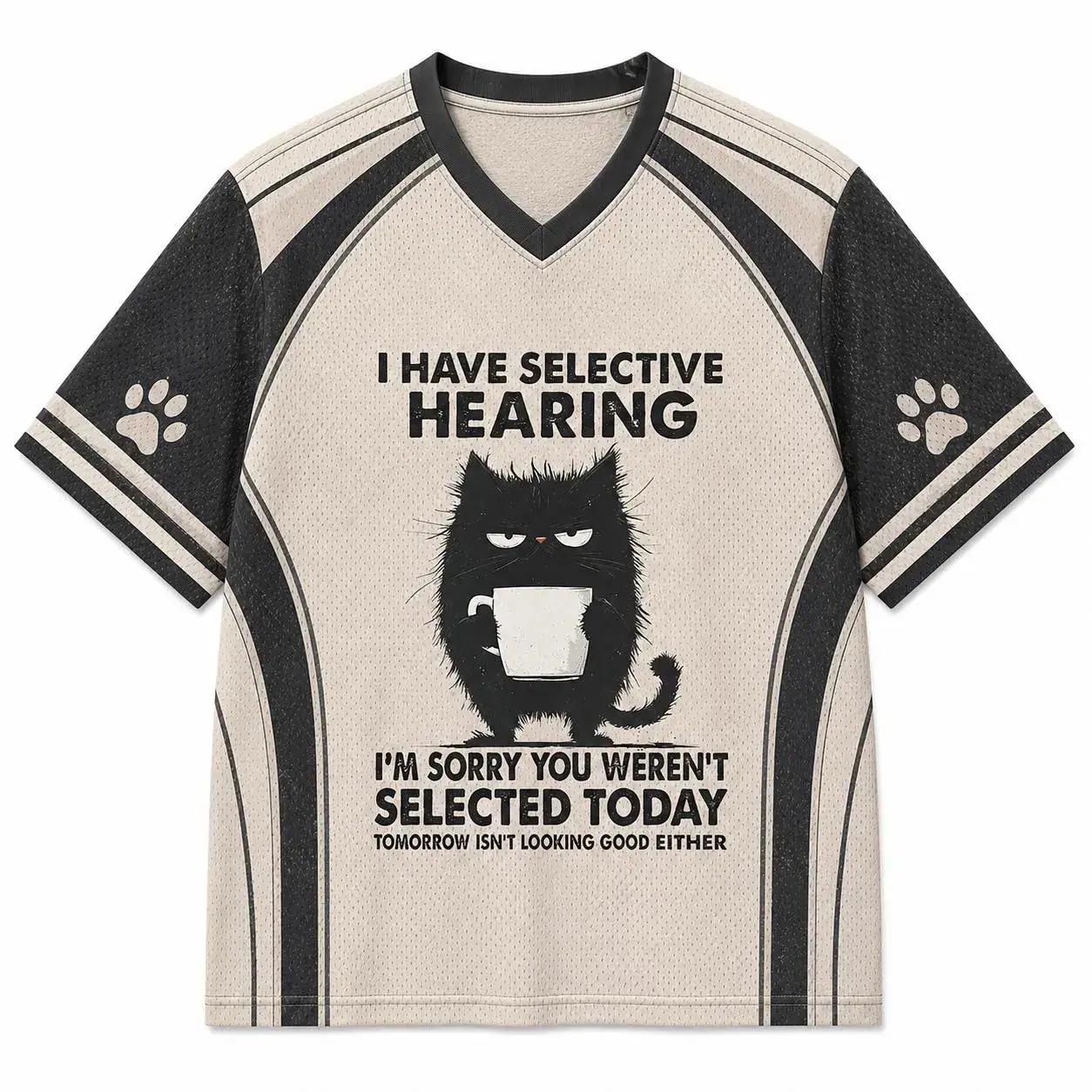 Funny Black Cat “Selective Hearing” Jersey Shirt, Sarcastic Cat Lover Sports Tee, Grumpy Cat Graphic Mesh Jersey