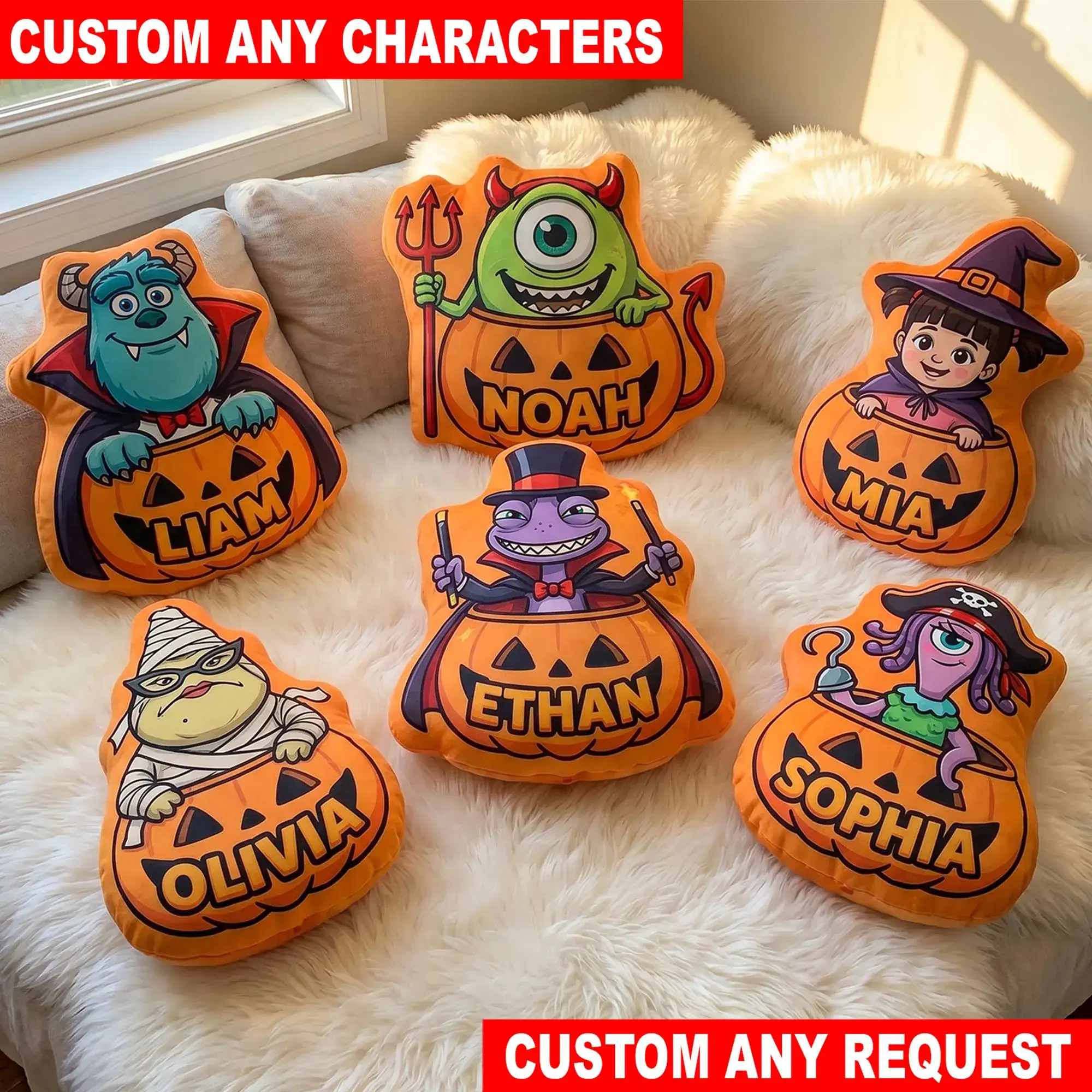 Personalized Monsters Halloween Pillow, Custom Sulley Mike Wazowski Boo Halloween Pumpkin Pillow, Gift for Kids Throw Pillow