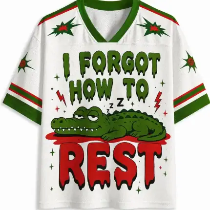 Funny Alligator Jersey Shirt, I Forgot How to Rest Graphic Tee, Cute Sleeping Crocodile Unisex Sports Jersey