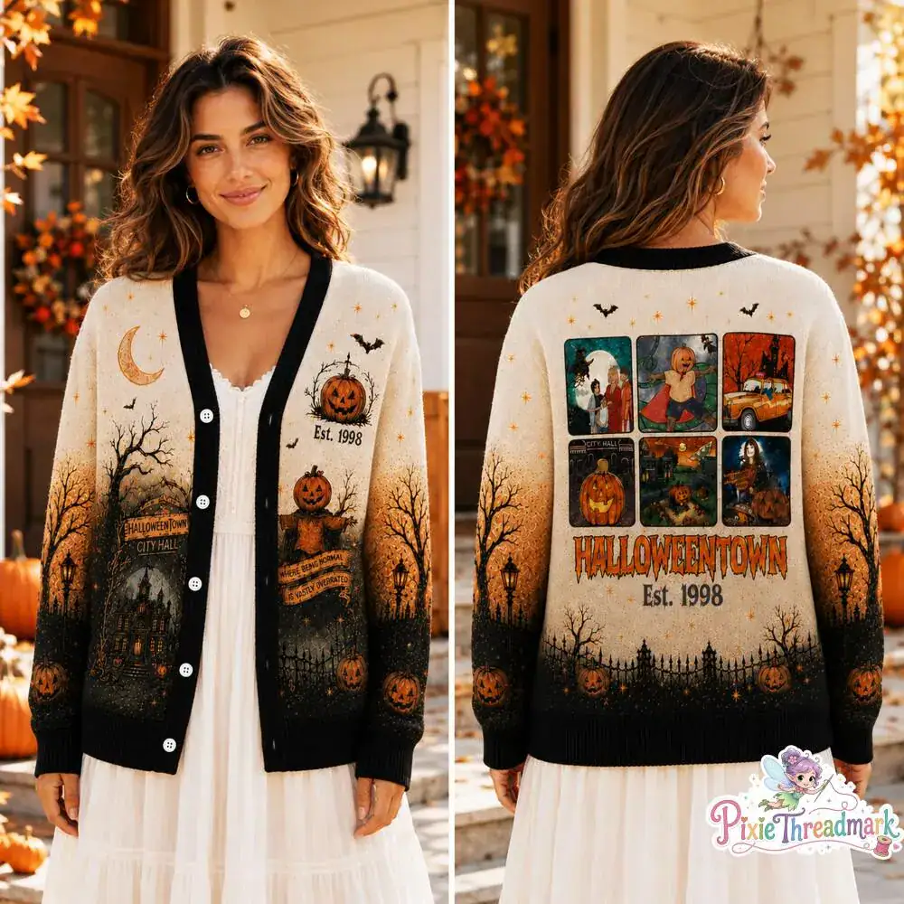 Halloween Town Est 1988 Collage Cardigan, Vintage Halloween Button Sweater, Pumpkin Patch Fall Cardigan, Cozy Autumn Knit Cardigan