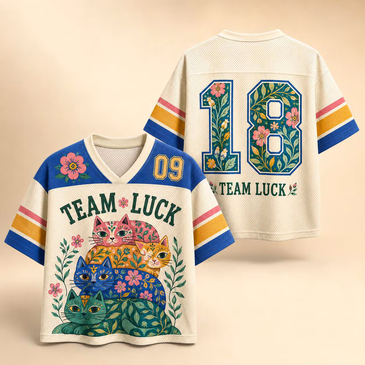 Team Luck Cat Baseball Jersey, Floral Folk Art Sport Shirt, Whimsical Cat Lover Tee, Aesthetic Jersey Top, Cozy Graphic Apparel