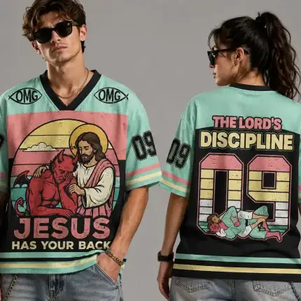Jesus Has Your Back Christian Hockey Jersey | The Lord's Discipline 09 Vintage Faith Shirt - Image 3